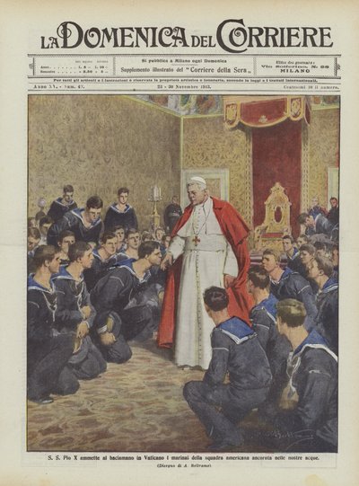 Pius X Admits American Sailors Anchored in Our Waters to Kiss His Hand in the Vatican by Achille Beltrame